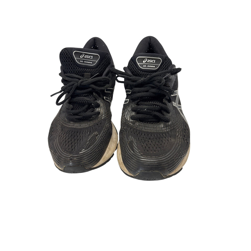 ASICS GEL-Nimbus 21 men’s running shoes in black with white and gray accents.