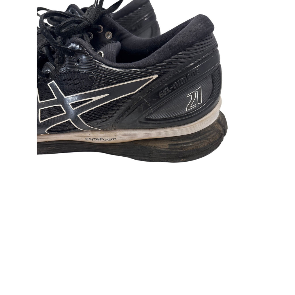 ASICS GEL-Nimbus 21 men’s running shoes in black with white and gray accents.