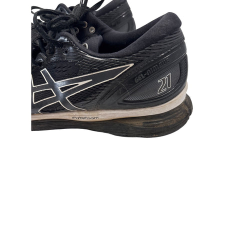 ASICS GEL-Nimbus 21 men’s running shoes in black with white and gray accents.