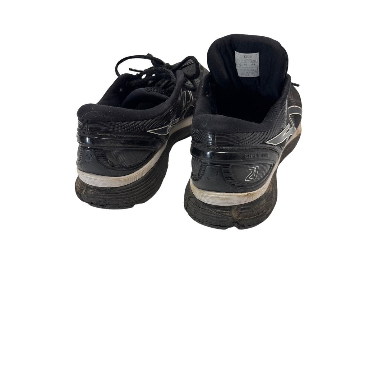 ASICS GEL-Nimbus 21 men’s running shoes in black with white and gray accents.
